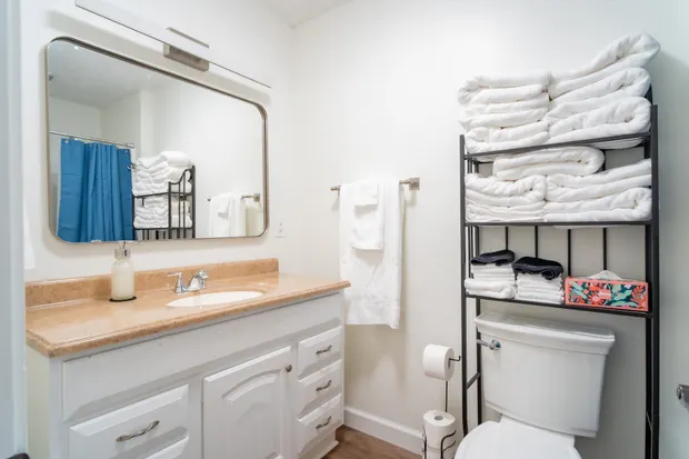 Full bathroom with a vanity, toilet, and towels.
