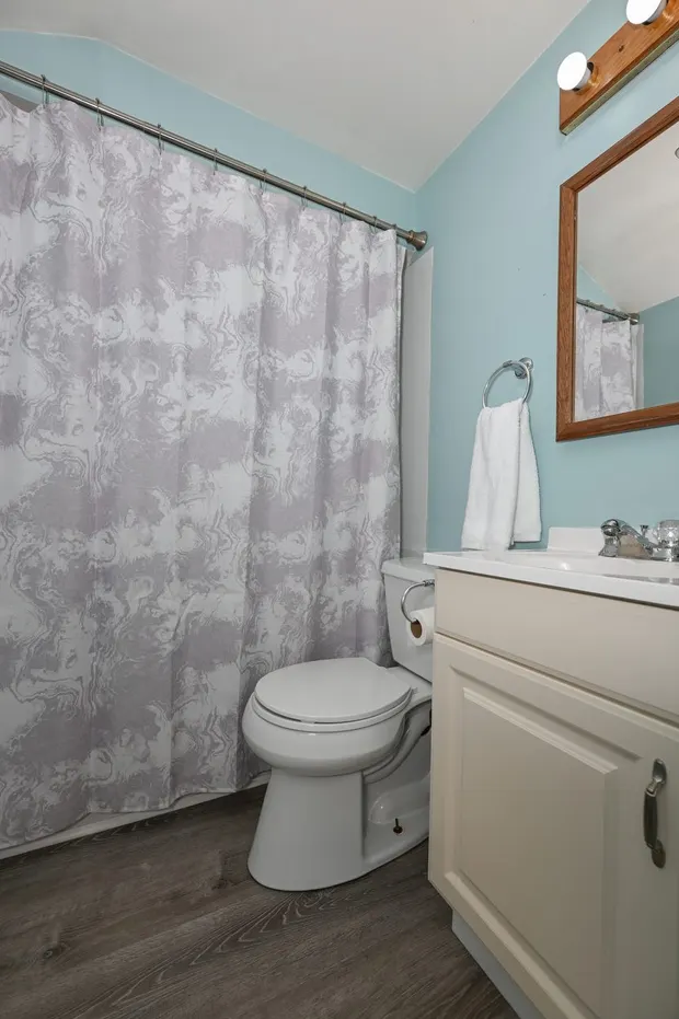 Bathroom with a shower curtain, vanity, and toilet.