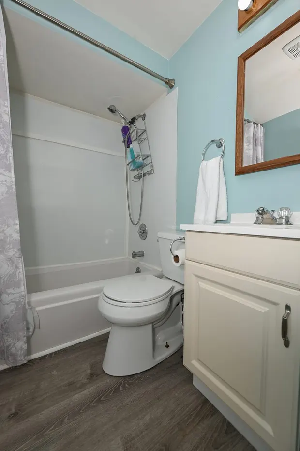 Blue bathroom with a tub-shower, vanity, and toilet.