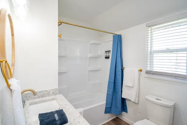 Tub-shower with a blue curtain, beside the toilet and a window.
