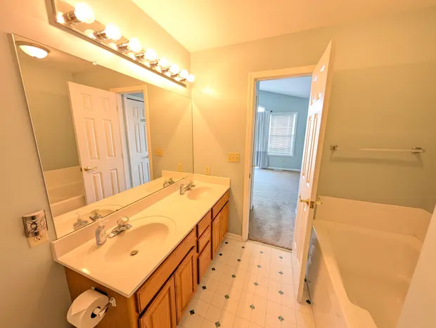 Bathroom with a double-sink vanity and a large mirror.