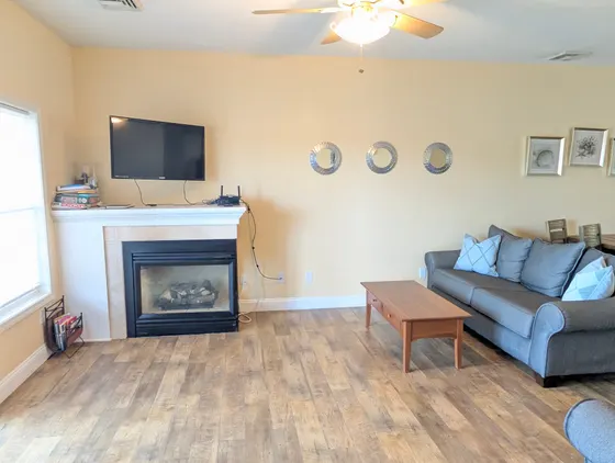 Living room with a gas fireplace, a sofa, and a wall-mounted TV.