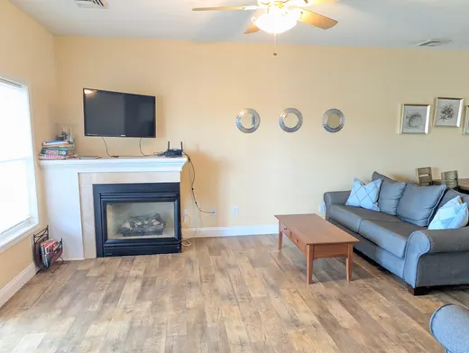 Living room with a gas fireplace, a sofa, and a wall-mounted TV.