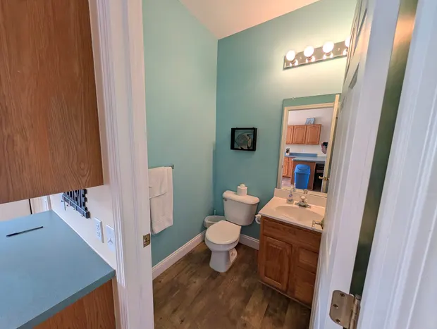 Half bathroom with a toilet and vanity in green tones.
